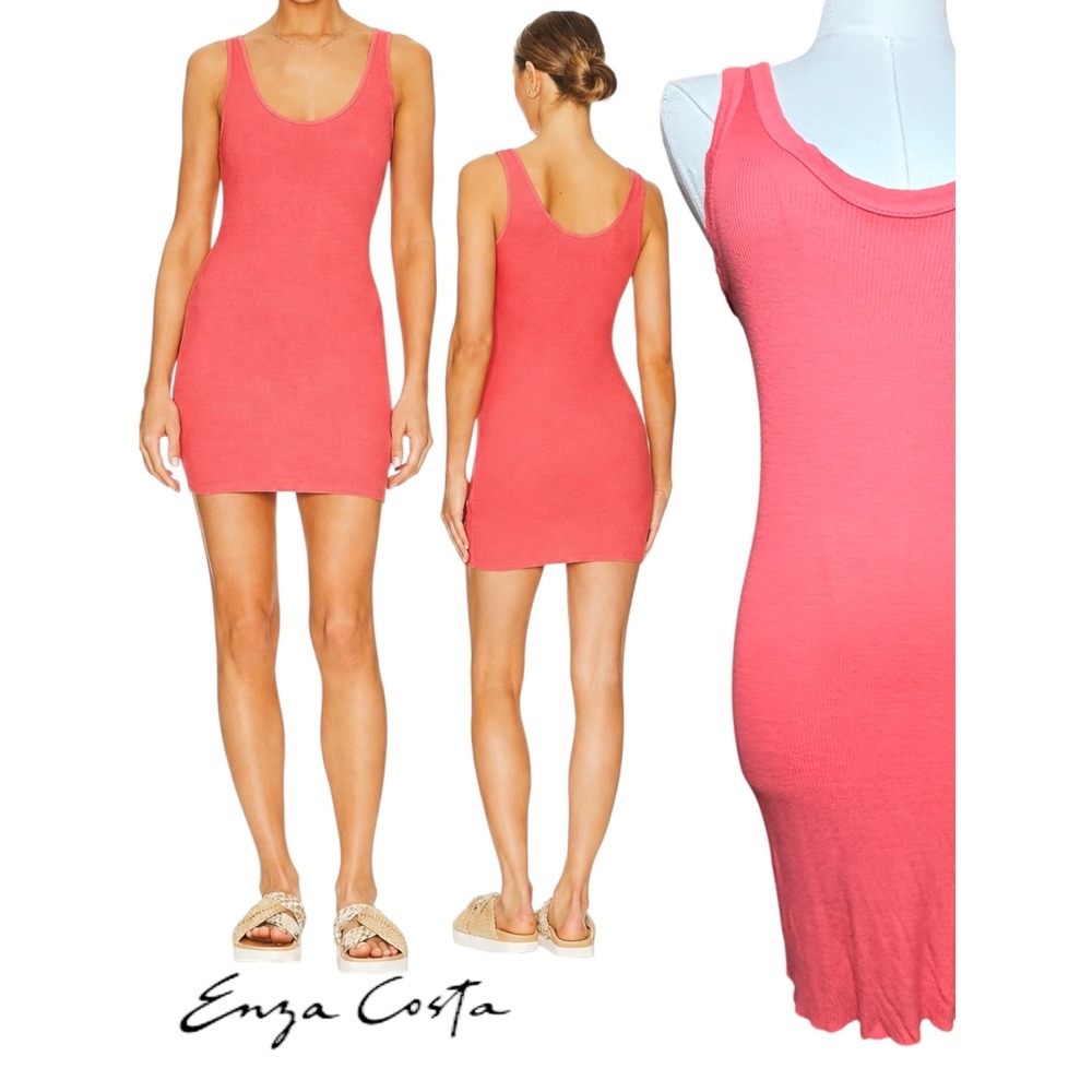 Enza Costa Silk Blend Ribbed Tank Mini Dress Coral Pink L Made USA‎